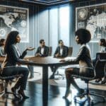 Dos emprendedoras en discusión con inversionistas en una moderna sala de juntas, fondo neutro tecnológico.