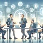 Ilustración de emprendedores discutiendo en una sala de reuniones con pantallas digitales mostrando iconos de criptomonedas.