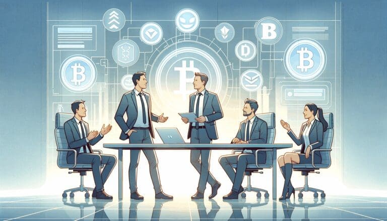 Ilustración de emprendedores discutiendo en una sala de reuniones con pantallas digitales mostrando iconos de criptomonedas.