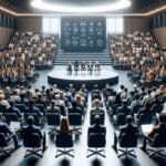 Auditorio moderno repleto de emprendedores y jurados frente a una gran pantalla durante una competencia de startups.