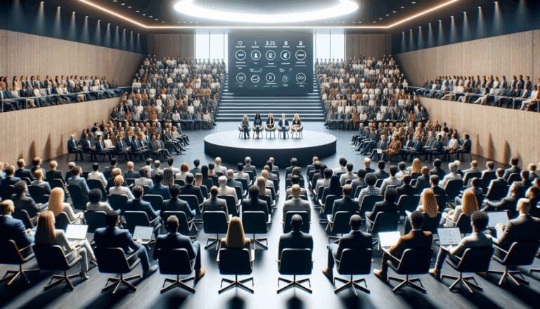 Auditorio moderno repleto de emprendedores y jurados frente a una gran pantalla durante una competencia de startups.