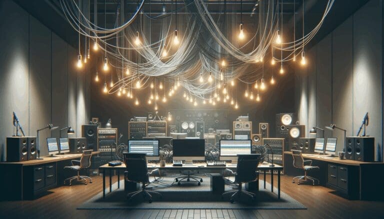 Un estudio de música moderno con computadoras, cables y luces tenues, mostrando un ambiente colaborativo e innovador.