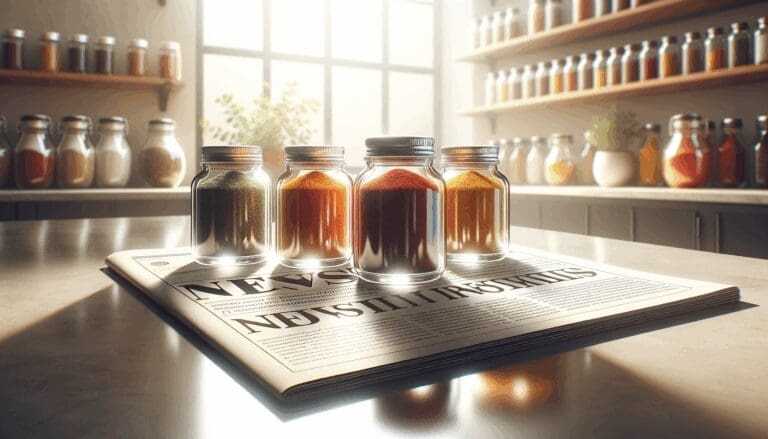 Toma de primer plano de frascos de condimentos coloridos en una superficie clara, luz natural, atmosfera moderna y limpia.