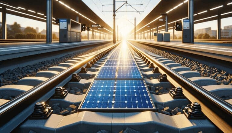 Primer plano de paneles solares instalados entre rieles de tren en una vía férrea europea iluminada por luz solar.