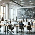 Oficinas modernas con equipos de trabajo colaborando frente a pantallas digitales, ambiente tecnológico.