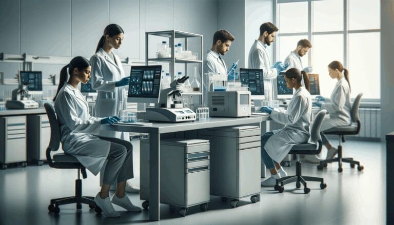 Laboratorio moderno con investigadores trabajando en tecnología médica de vanguardia.