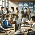 Equipo multicultural trabajando con computadoras y pantallas con gráficos digitales en oficina moderna, fondo neutro.