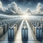 Baterías industriales de gran escala alineadas en instalaciones modernas bajo un cielo nublado, símbolo de innovación tecnológica energética.