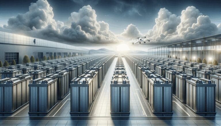 Baterías industriales de gran escala alineadas en instalaciones modernas bajo un cielo nublado, símbolo de innovación tecnológica energética.
