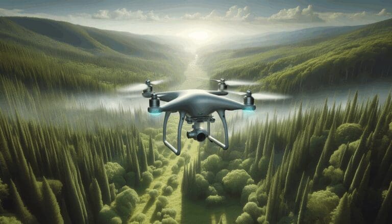 Dron en vuelo sobre un bosque realizando tareas de prevención de incendios, fondo natural y tecnológico.
