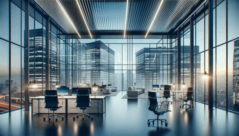 Oficinas modernas con grandes ventanales en distrito financiero, ambiente tecnológico y profesional.