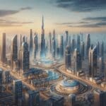 Panorámica de una ciudad moderna con rascacielos y centros de innovación tecnológica al atardecer.