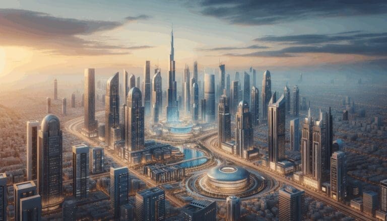 Panorámica de una ciudad moderna con rascacielos y centros de innovación tecnológica al atardecer.