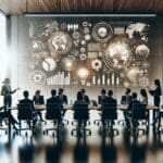 Sala de conferencias moderna, emprendedores presentando ideas frente a un jurado profesional, ambiente dinámico y tecnológico.