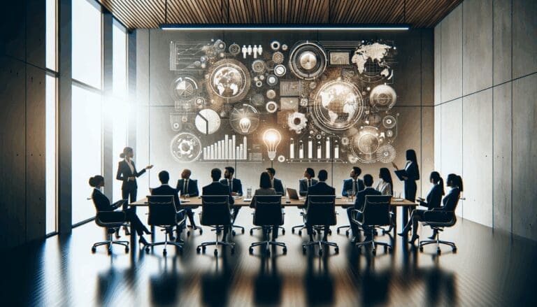 Sala de conferencias moderna, emprendedores presentando ideas frente a un jurado profesional, ambiente dinámico y tecnológico.