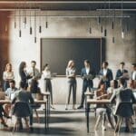 Grupo diverso de profesionales colaborando en un espacio de coworking moderno con pizarras digitales y laptops.