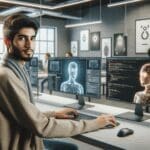 Joven profesional programando frente a pantallas con modelos 3D y gráficos de inteligencia artificial en un espacio de coworking moderno.