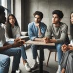 Grupo multicultural de jóvenes emprendedores discutiendo ideas en un espacio de coworking moderno.