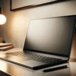 Primer plano de una laptop de diseño elegante sobre escritorio minimalista, reflejando innovación tecnológica.