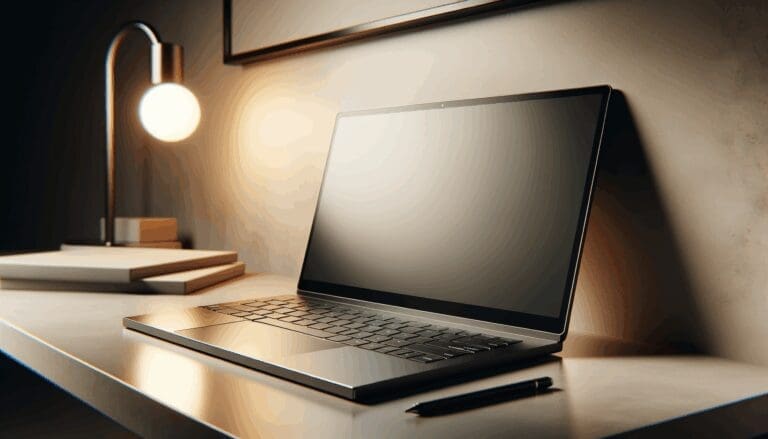 Primer plano de una laptop de diseño elegante sobre escritorio minimalista, reflejando innovación tecnológica.