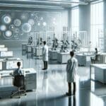 Laboratorio moderno con equipos tecnológicos y científicos trabajando en biotecnología
