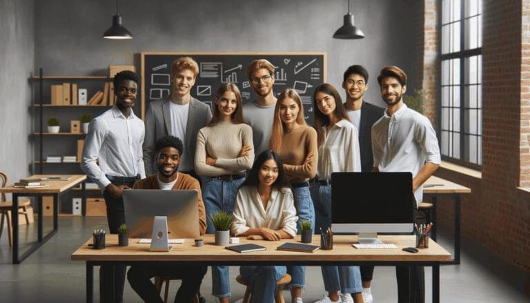 Emprendedores jóvenes colaborando en un moderno espacio de coworking, ordenadores y pizarras en primer plano.