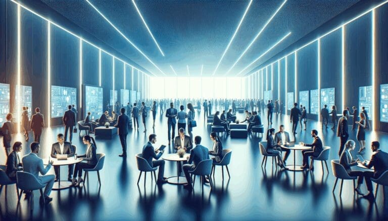 Escenario moderno de evento tecnológico, lleno de asistentes y luces azules, ambiente de networking y colaboración.