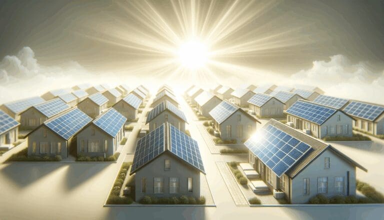 Placas solares en fila sobre techos residenciales iluminados por el sol en un entorno moderno.