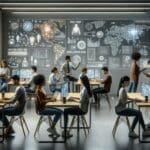 Grupo de personas en una sala moderna de coworking con laptops y pantallas mostrando código y diagramas de inteligencia artificial.