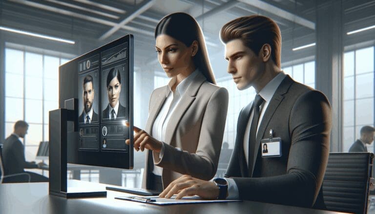 Dos personas revisando datos biométricos en una pantalla digital en un entorno de oficina moderna.