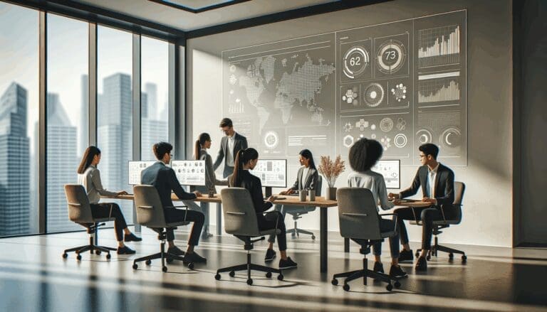 Sala de oficina moderna con jóvenes profesionales colaborando frente a pantallas que muestran datos y gráficos tecnológicos.