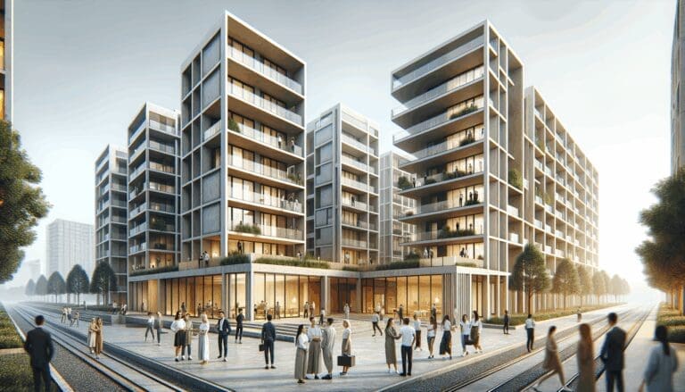 Edificio residencial moderno con residentes interactuando en áreas comunes, ambiente tecnológico.