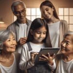 Niña interactuando con una tablet junto a una familia en un espacio minimalista, con elementos tecnológicos sutiles y luz natural.