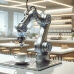 Un brazo robótico preparando café espresso en una cafetería moderna, fondo desenfocado.