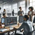 Jóvenes emprendedores colaborando en un espacio de coworking moderno lleno de computadores y pantallas de datos.