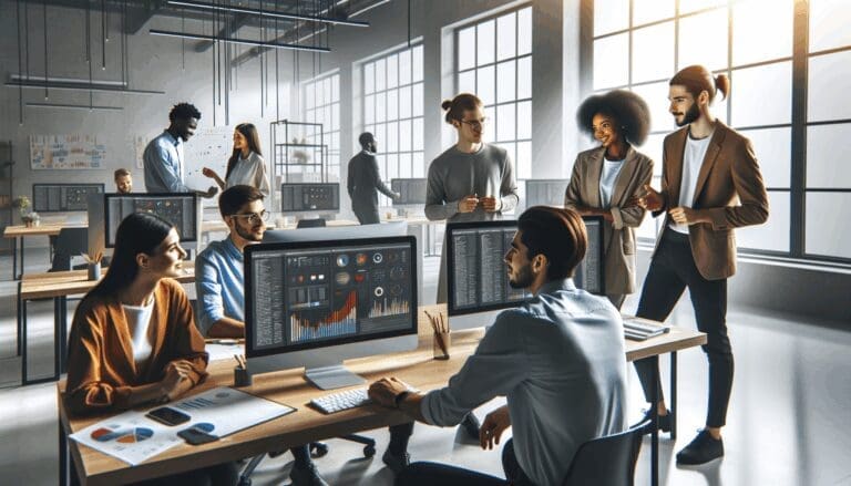 Jóvenes emprendedores colaborando en un espacio de coworking moderno lleno de computadores y pantallas de datos.