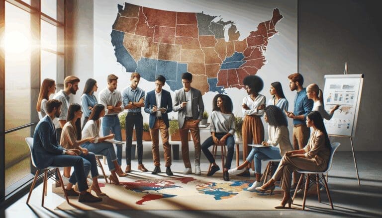 Jóvenes emprendedores reunidos frente a un mapa de Estados Unidos, discutiendo estrategias.