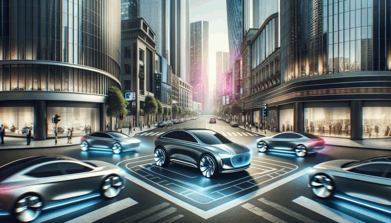 Intersección de autos nuevos en una ciudad moderna, reflejando innovación y tecnología.