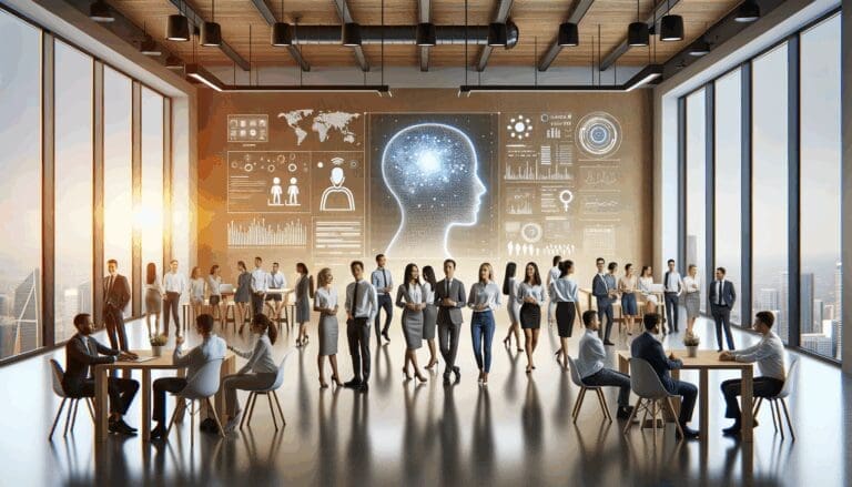 Equipo diverso reunido en un espacio de coworking moderno con pantallas mostrando datos de inteligencia artificial.