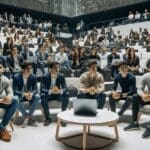 Emprendedores latinoamericanos reunidos en un auditorio moderno, participando en una competencia de startups.