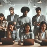 Equipo multicultural trabajando con computadoras portátiles en un espacio moderno de coworking.