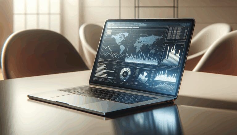 Laptop abierta sobre mesa de oficina moderna, con gráficas de datos y líneas de código reflejadas en la pantalla.