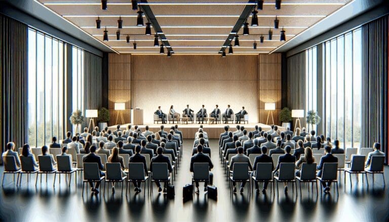 Fotografía de un auditorio moderno con emprendedores y líderes tecnológicos participando en un evento de startups.