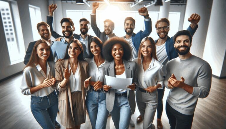 Grupo de emprendedores celebrando en un evento de startups