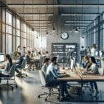 Espacio de coworking moderno con emprendedores usando computadoras y pantallas digitales.