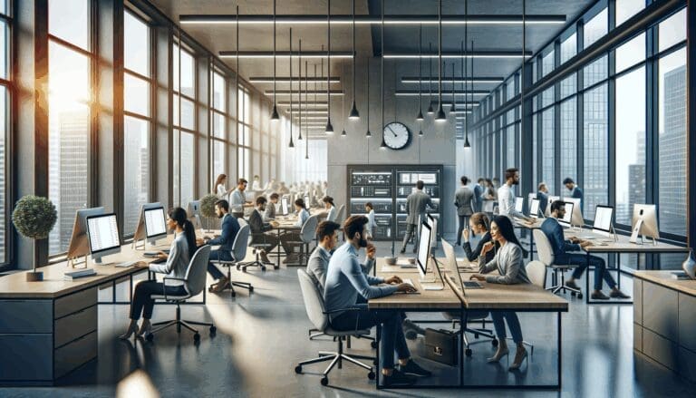 Espacio de coworking moderno con emprendedores usando computadoras y pantallas digitales.