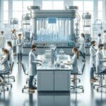 Laboratorio moderno con equipos biotecnológicos y jóvenes científicos trabajando en equipo.