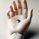 Primer plano de una mano con implante tecnológico minimalista bajo la piel, fondo suave y moderno.