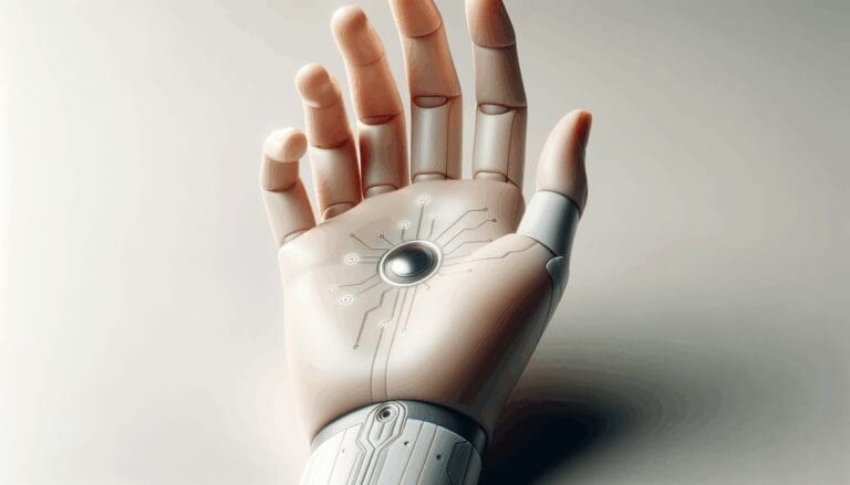 Primer plano de una mano con implante tecnológico minimalista bajo la piel, fondo suave y moderno.