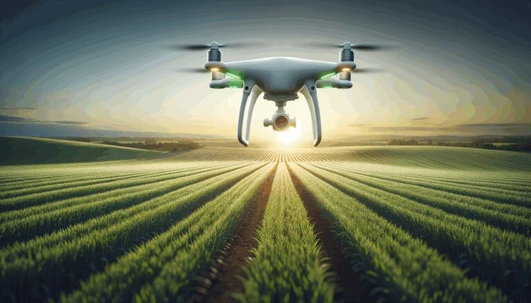 Dron volando sobre un extenso campo agrícola verde al atardecer, con sensores visibles captando datos.